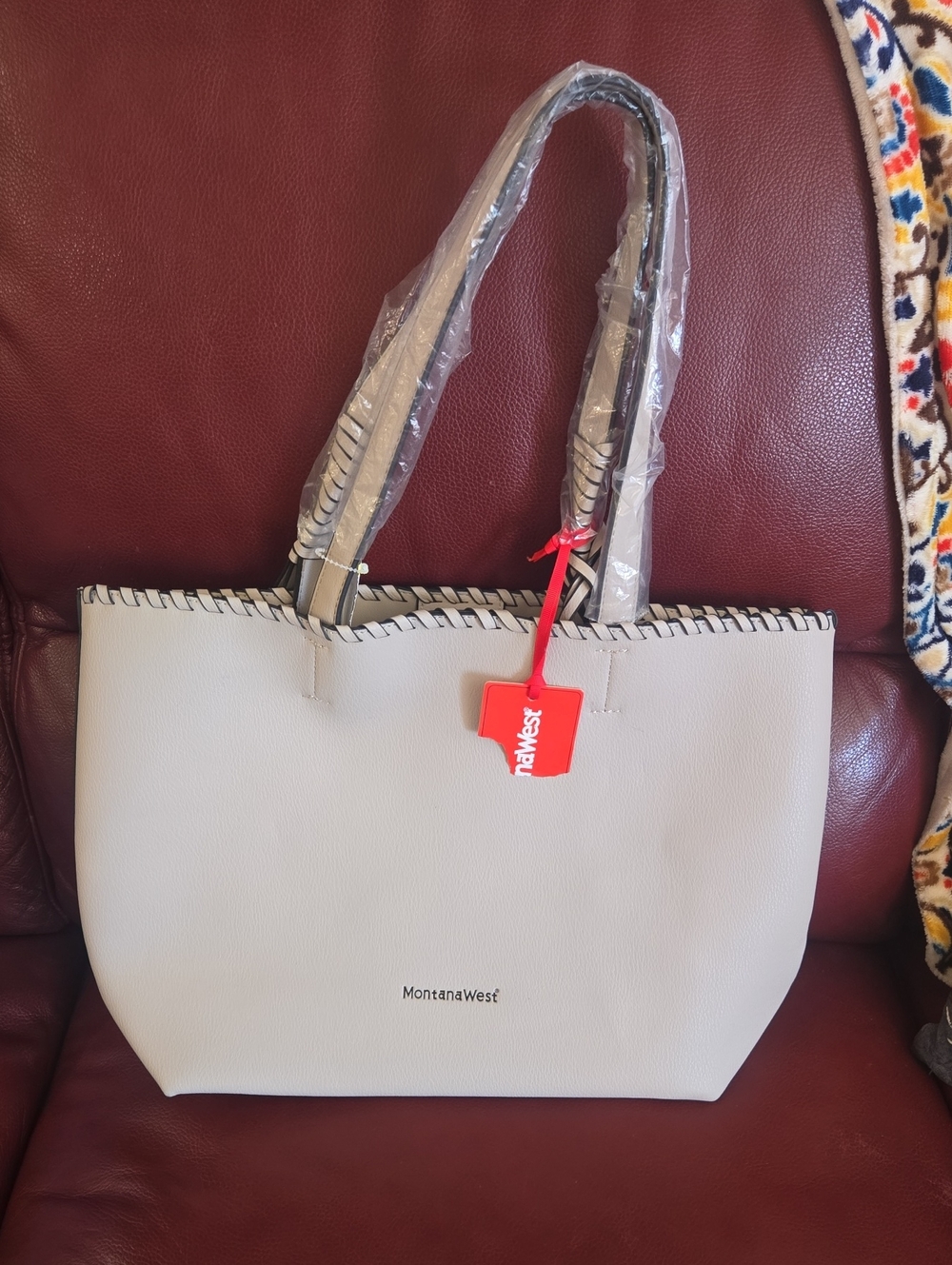 Montana West Cream Tote with Black Whipstitch Trim  NWT